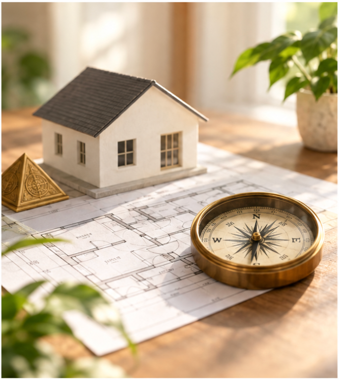 Vastu consultation with a house plan and compass